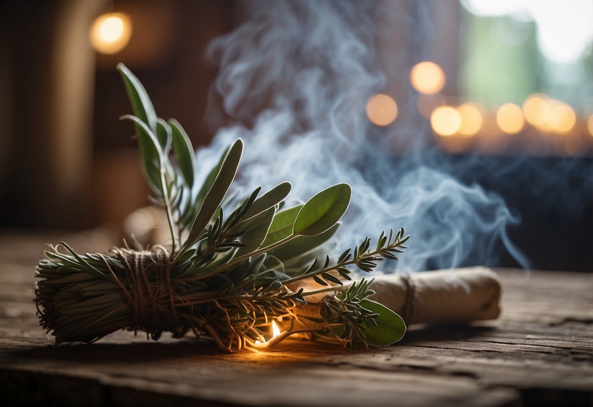 A bundle of sage is lit, the smoke swirling around a wedding altar adorned with traditional Native American symbols and feathers