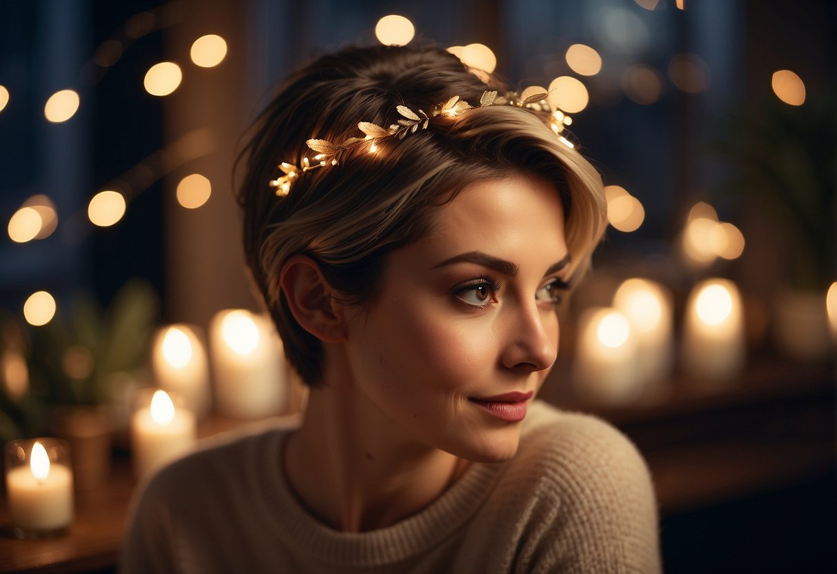 A textured pixie with a side part hairstyle adorned with delicate floral accessories, set against a romantic backdrop of soft candlelight and twinkling fairy lights