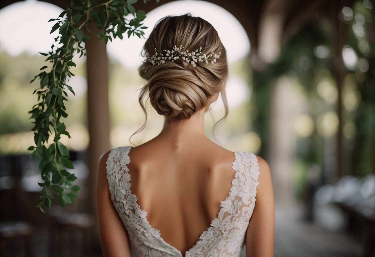 A modern messy bun adorned with a delicate hair vine, perfect for short hair wedding styles