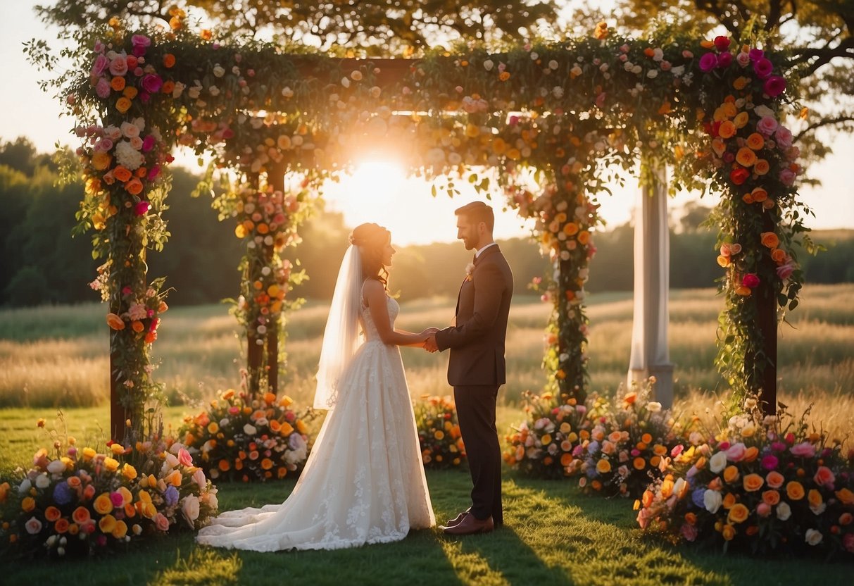 A bride and groom exchange vows under a canopy of vibrant flowers, surrounded by their loved ones, as the sun sets behind them