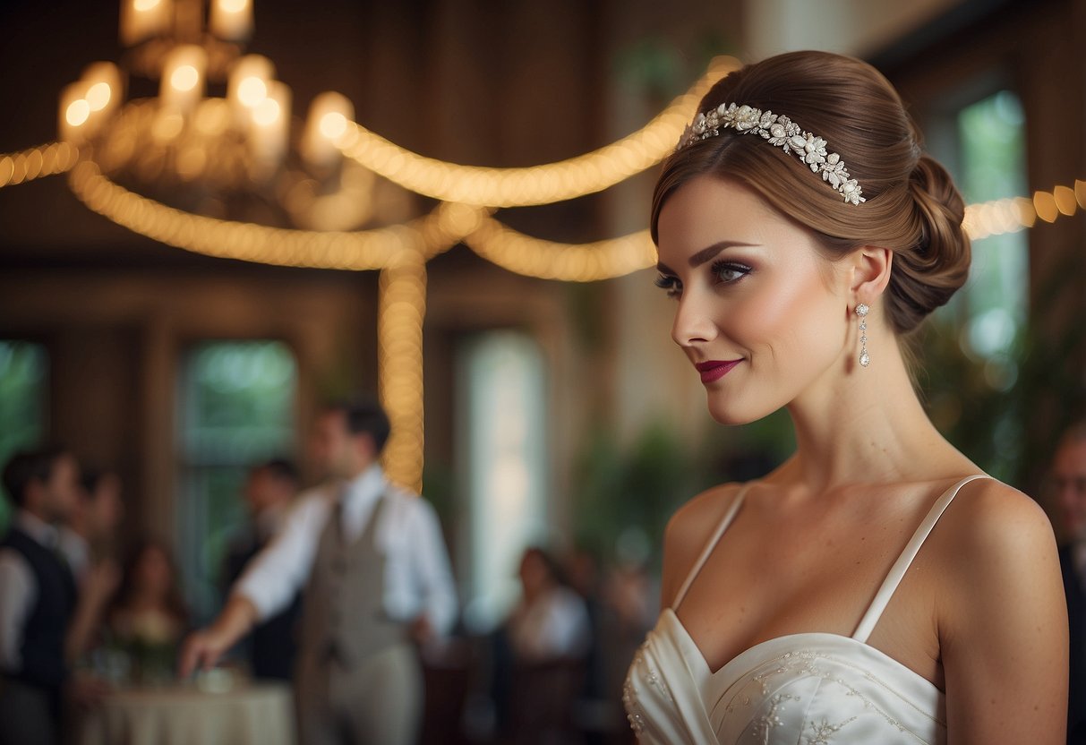 A bride with retro beehive hair adorned with a ribbon, standing in a vintage wedding setting with classic decor and romantic ambiance