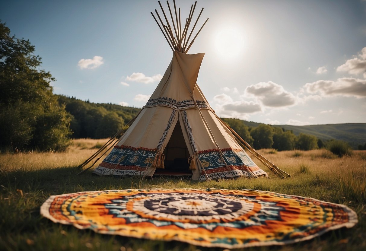 A traditional tipi stands tall in a grassy clearing, adorned with colorful fabric and hand-painted designs. A small fire burns in front, surrounded by woven rugs and cushions for seating