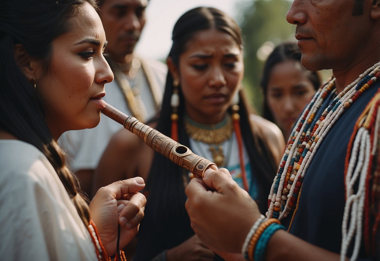 A sacred ceremonial pipe is being passed between two Native American wedding participants in a traditional ritual