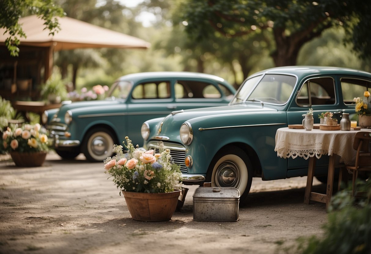 An outdoor garden setting with rustic wooden chairs, lace tablecloths, and vintage floral centerpieces. A vintage car parked nearby with tin cans trailing behind