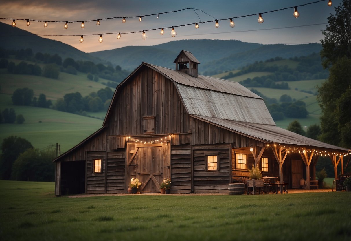 A charming rustic barn adorned with string lights and vintage decor, set against a backdrop of rolling hills and a serene countryside