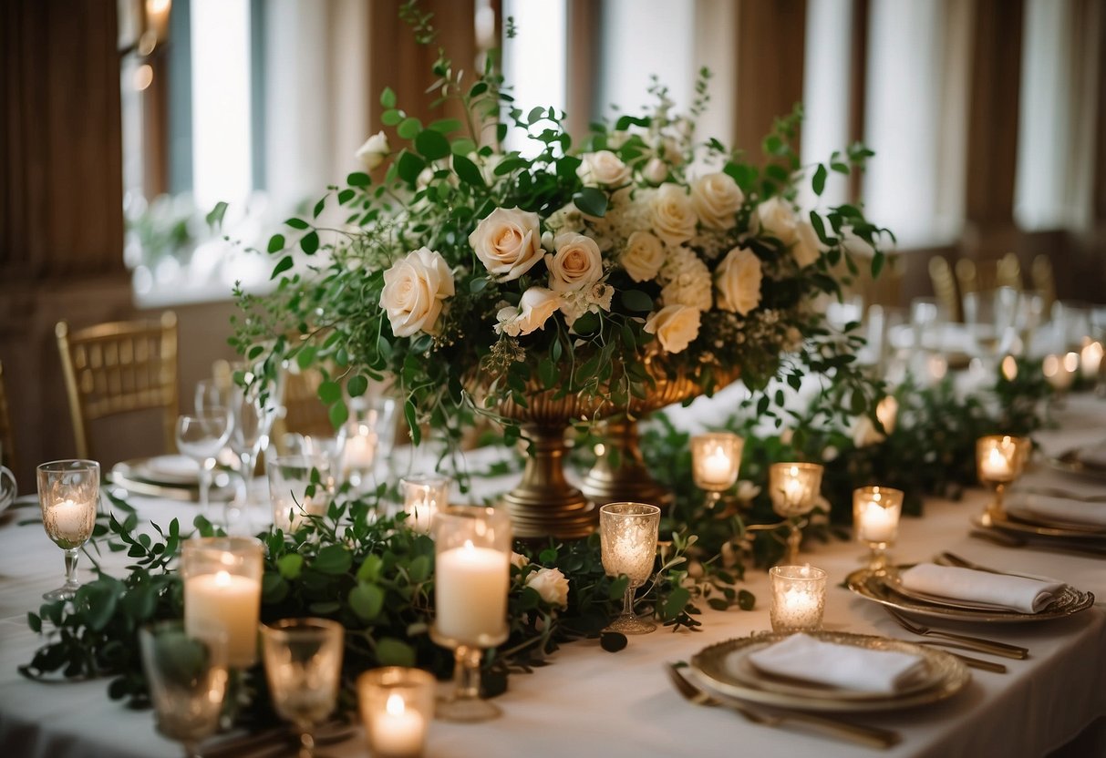 A table adorned with a vintage mirror surrounded by cascading greenery and delicate floral arrangements, reflecting the romantic ambiance of a wedding reception