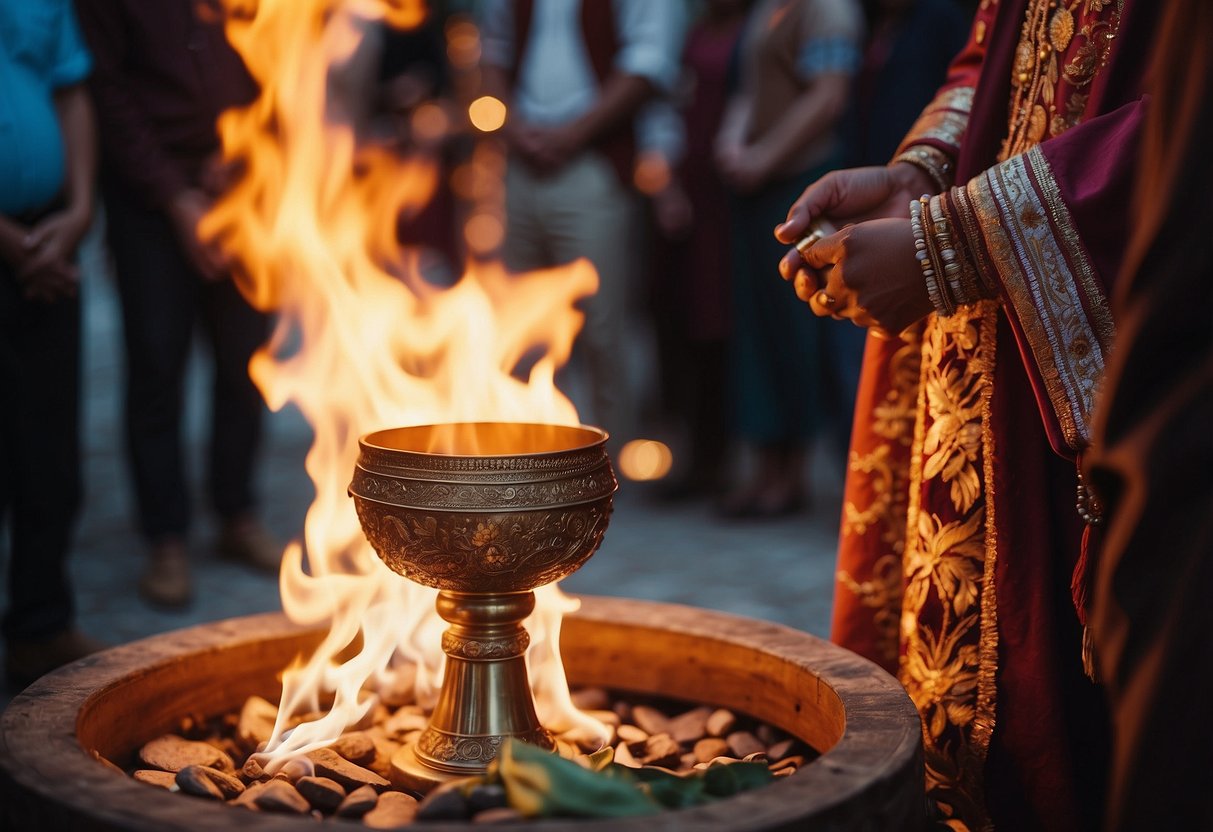 A sacred fire burns in the center of the wedding ceremony, surrounded by colorful traditional regalia and symbolic items representing the couple's cultural heritage