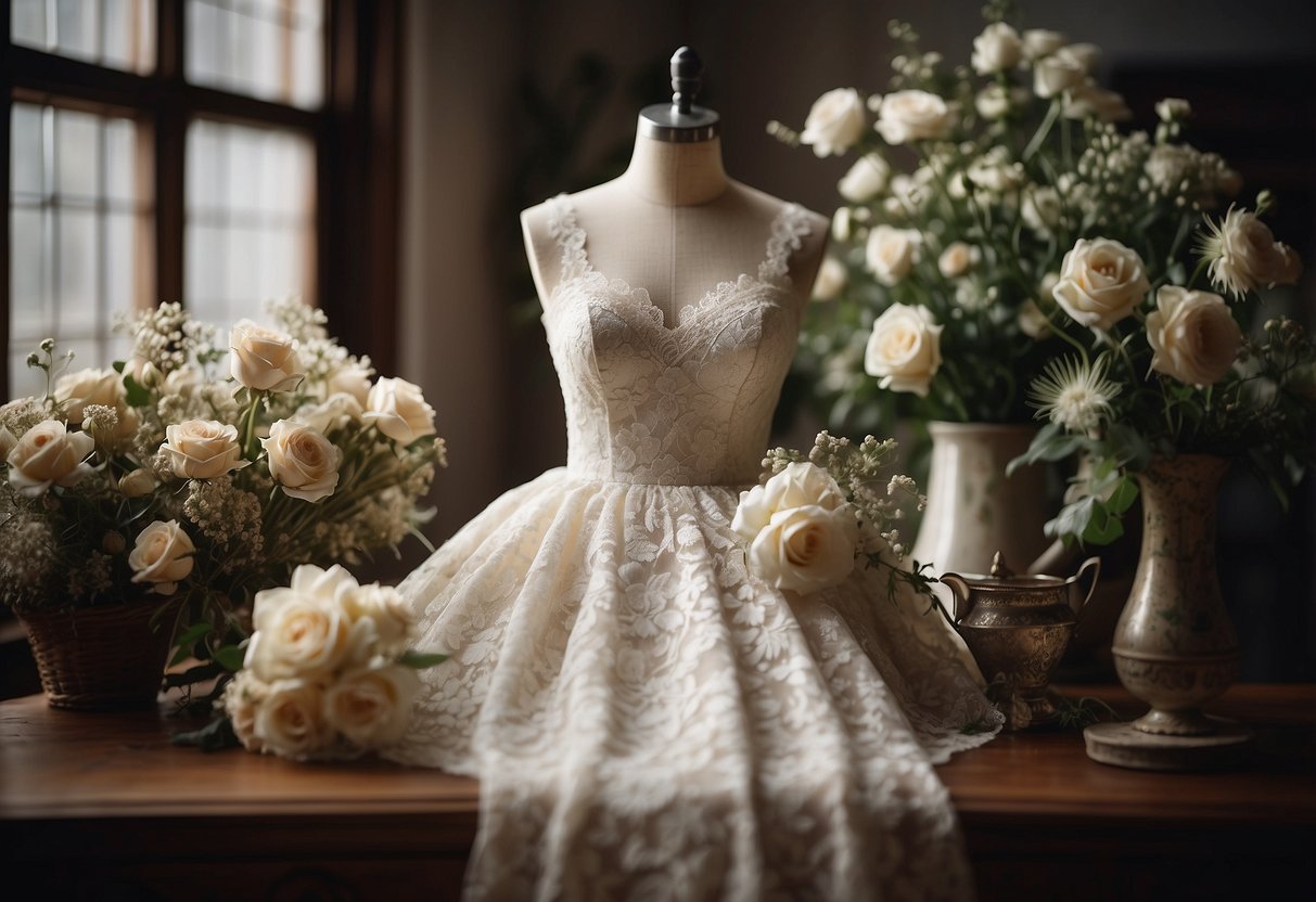 A lace wedding dress displayed on a vintage mannequin, surrounded by antique lace accessories and delicate floral arrangements