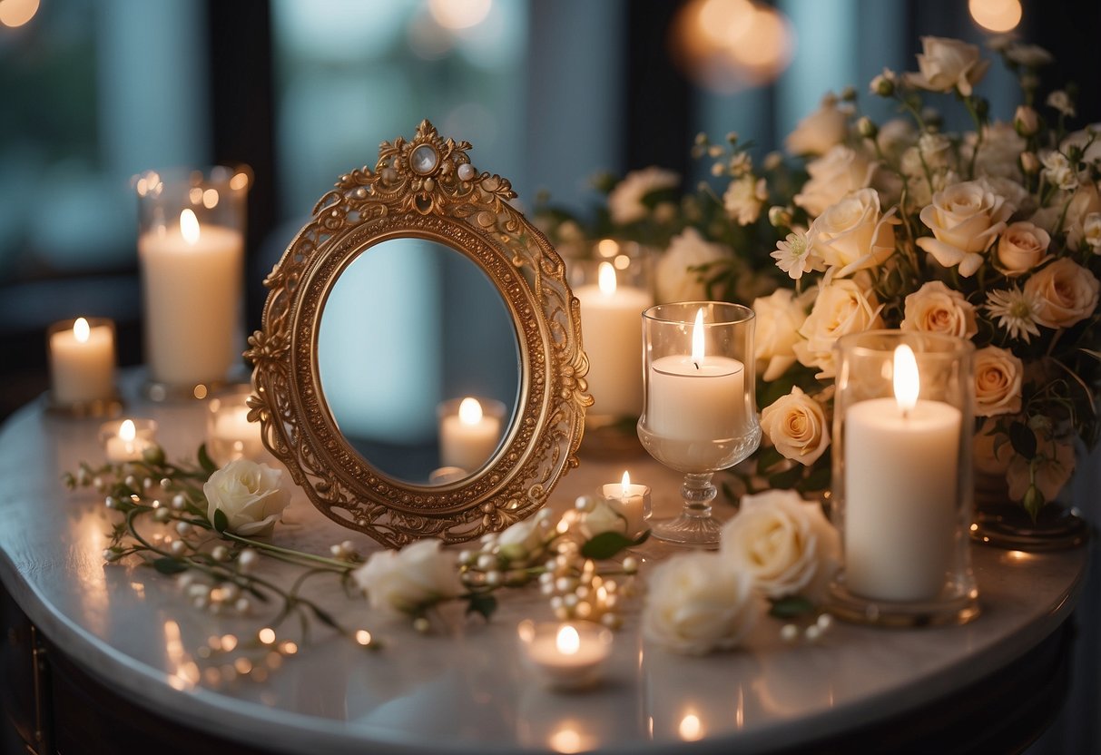 A vintage-gilted vanity mirror adorned with delicate flowers and pearls, reflecting soft candlelight in a romantic wedding setting