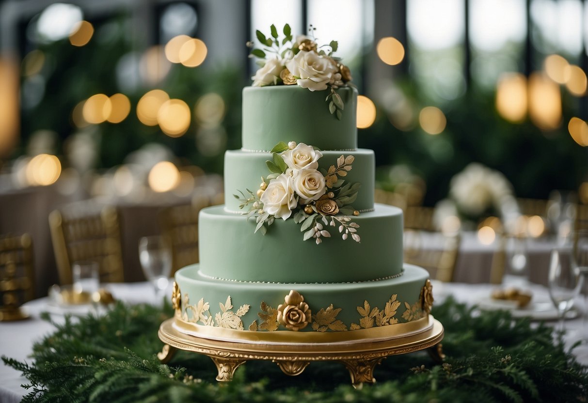 A three-tiered sage green wedding cake adorned with delicate white floral decorations and gold leaf accents