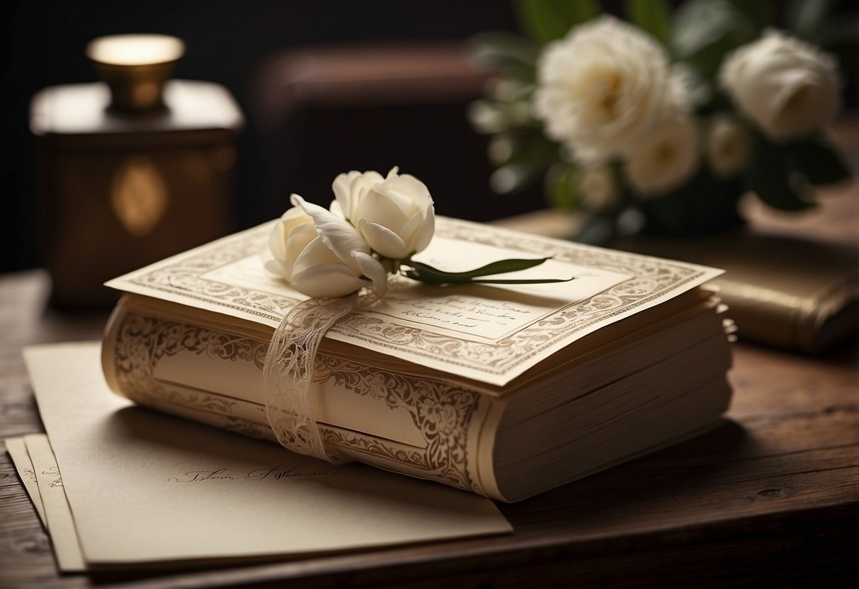 An antique desk with quill, ink, and vintage paper. Lace, ribbon, and floral motifs adorn a stack of handwritten invitations