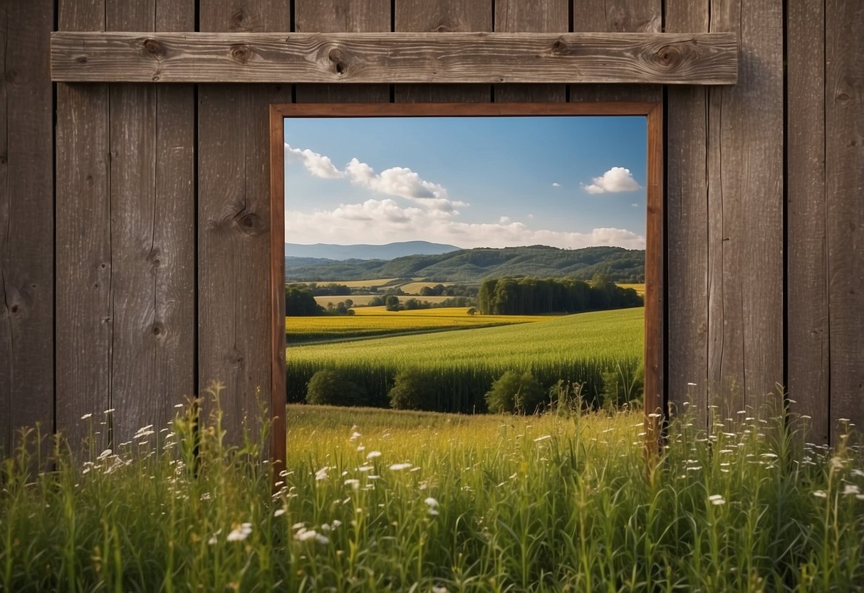 A rustic barn door mirror hangs on a weathered wooden wall, reflecting the serene countryside landscape