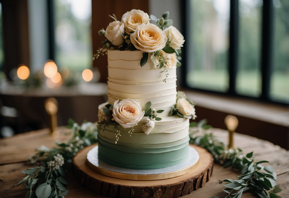 A three-tiered wedding cake in rustic sage ombre, with delicate floral decorations and a hint of gold accents