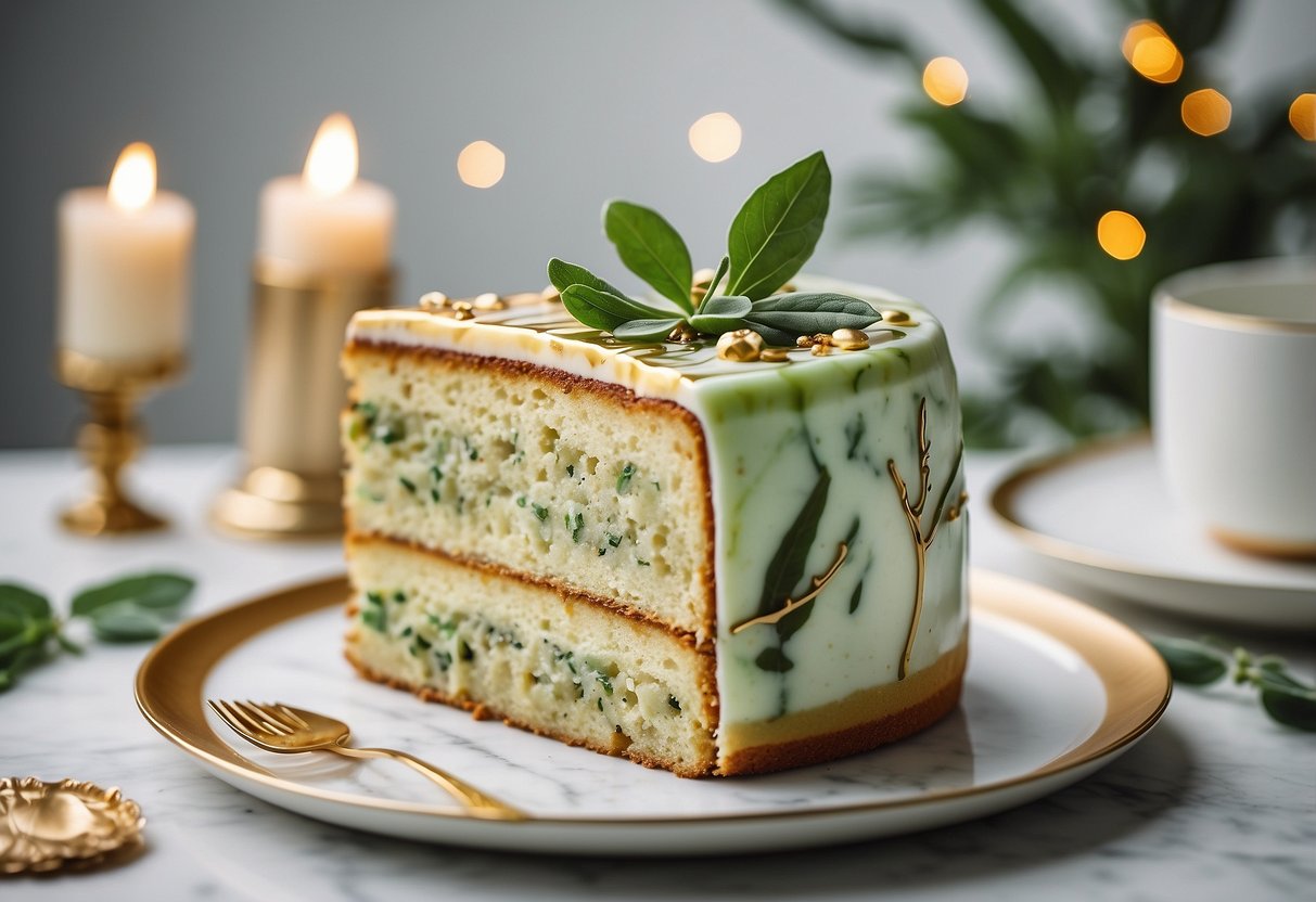 A gold and sage green marble cake sits on a white marble table, adorned with delicate gold leaf accents and fresh sage green foliage