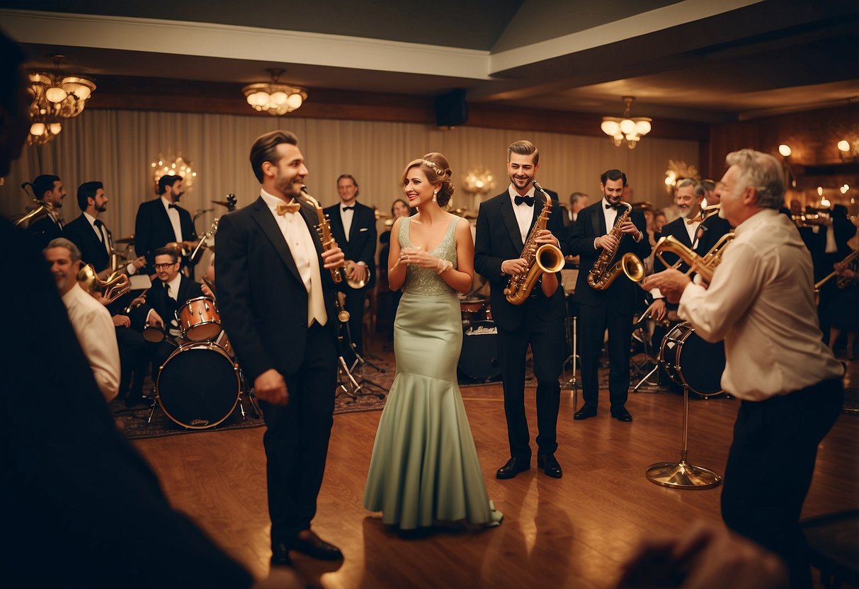 A vintage wedding scene with a live jazz band playing on stage, adorned with retro instruments and surrounded by dancing guests