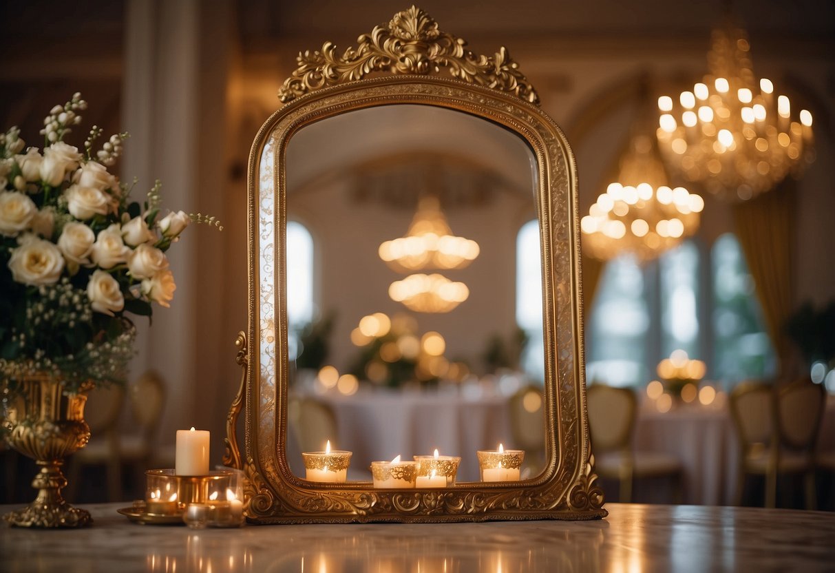 An ornate antique gold full-length mirror reflects a grand ballroom adorned with flowers and candlelight, creating a romantic and elegant wedding setting