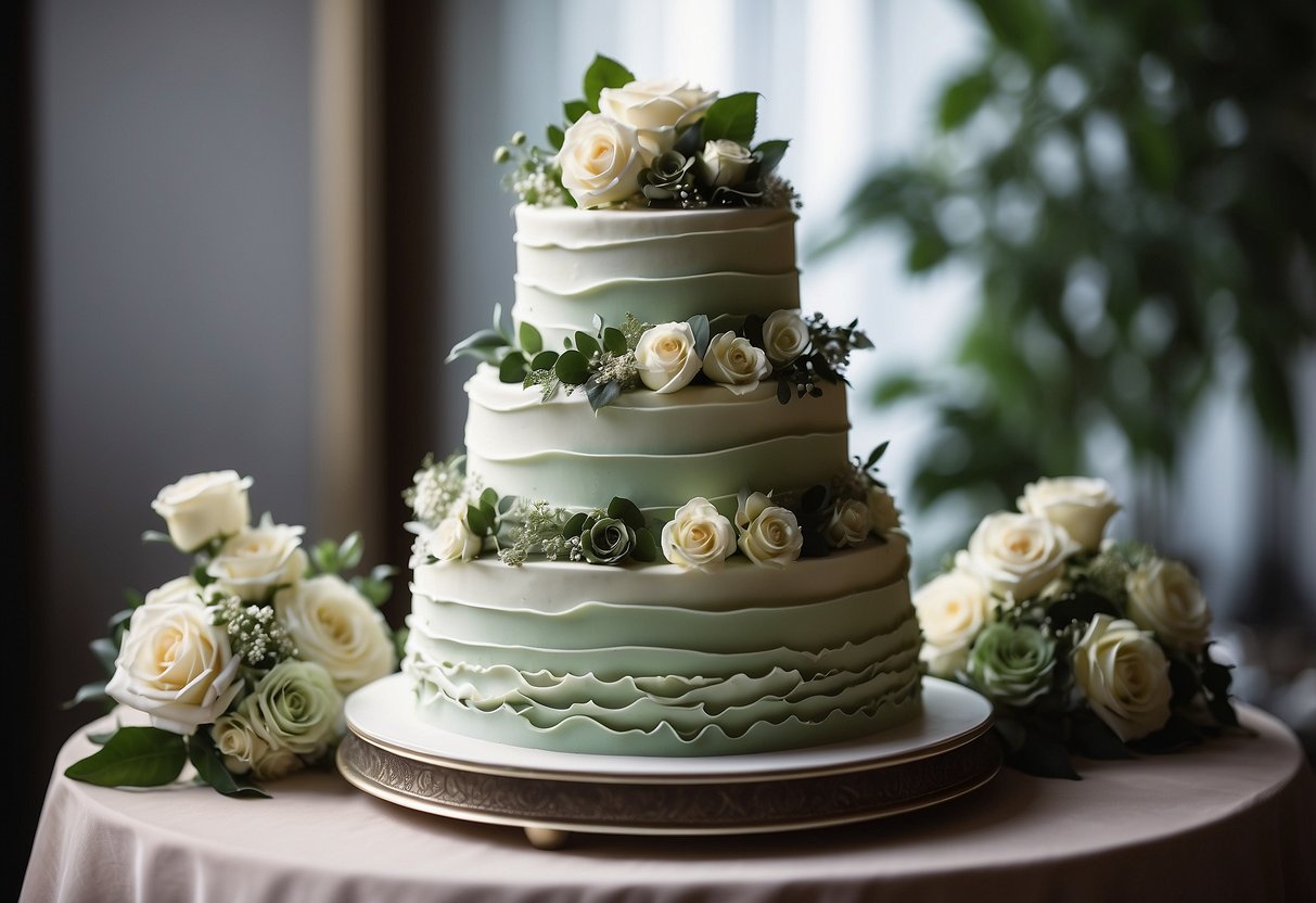 A three-tiered wedding cake with sage green and white ruffles, adorned with delicate floral accents