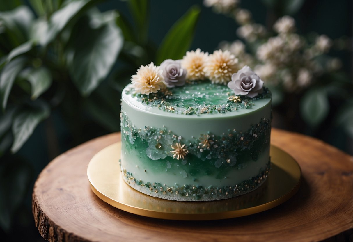 A tiered sage green geode cake with shimmering edible crystals and delicate floral accents