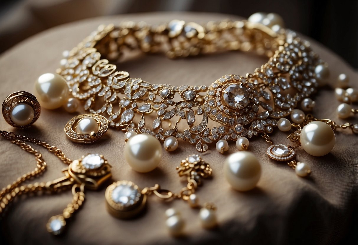 Vintage jewelry pieces arranged on a lace-covered table, including pearl necklaces, diamond brooches, and ornate earrings. Soft candlelight highlights the intricate details of the heirloom pieces