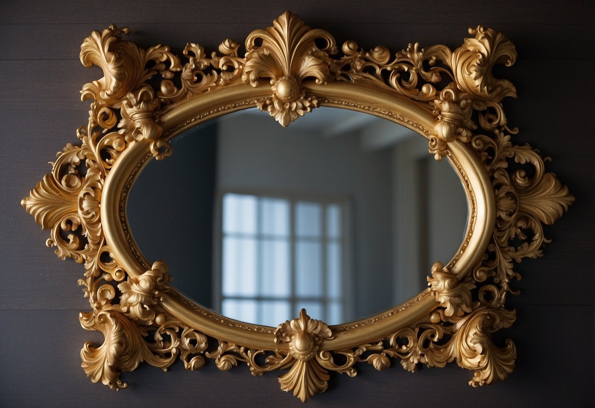 An ornate Rococo wall mirror reflects a grand wedding setting with intricate details and elegant design