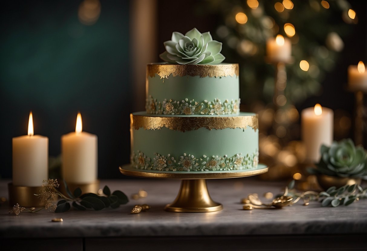 A sage green cake adorned with delicate gold leaf accents, set against a backdrop of soft, romantic lighting and elegant decor