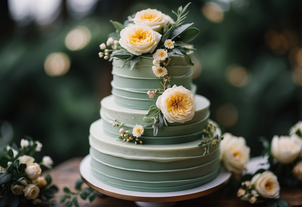 A tiered sage green wedding cake with watercolor details and floral accents