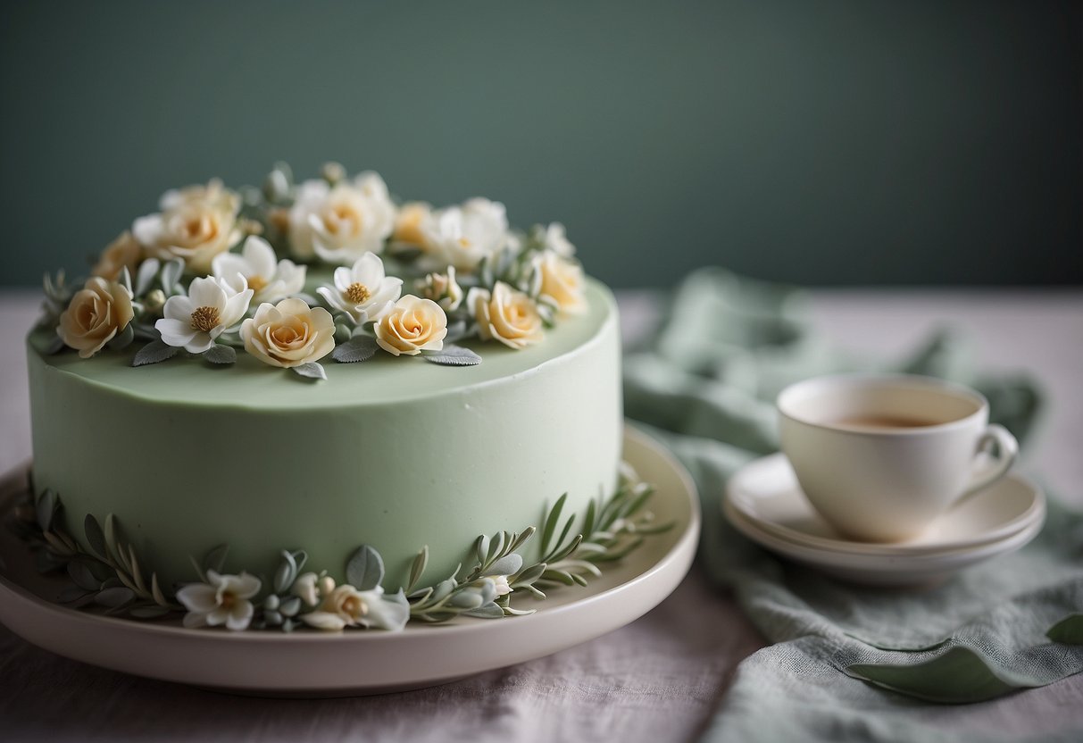 A sage green hexagon cake adorned with delicate floral topper