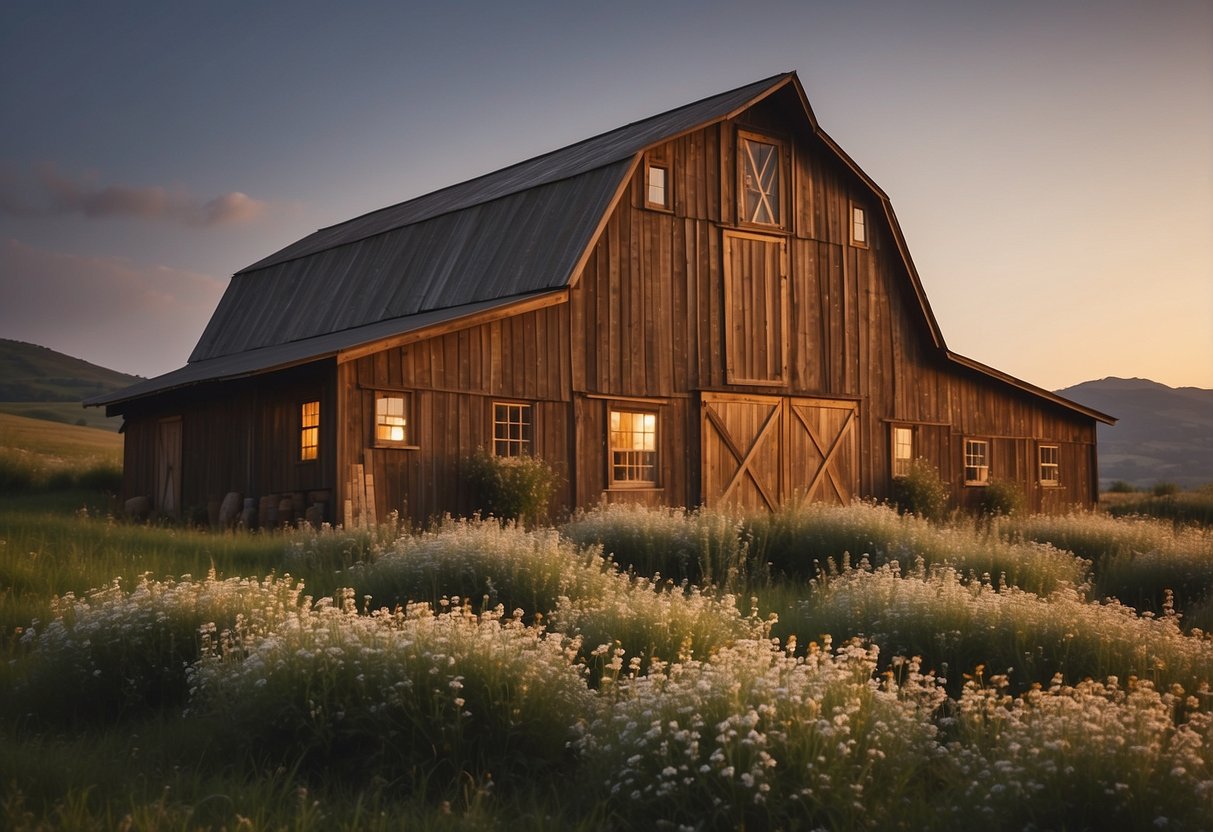 A rustic barn with string lights and vintage decor, surrounded by rolling hills and blooming wildflowers