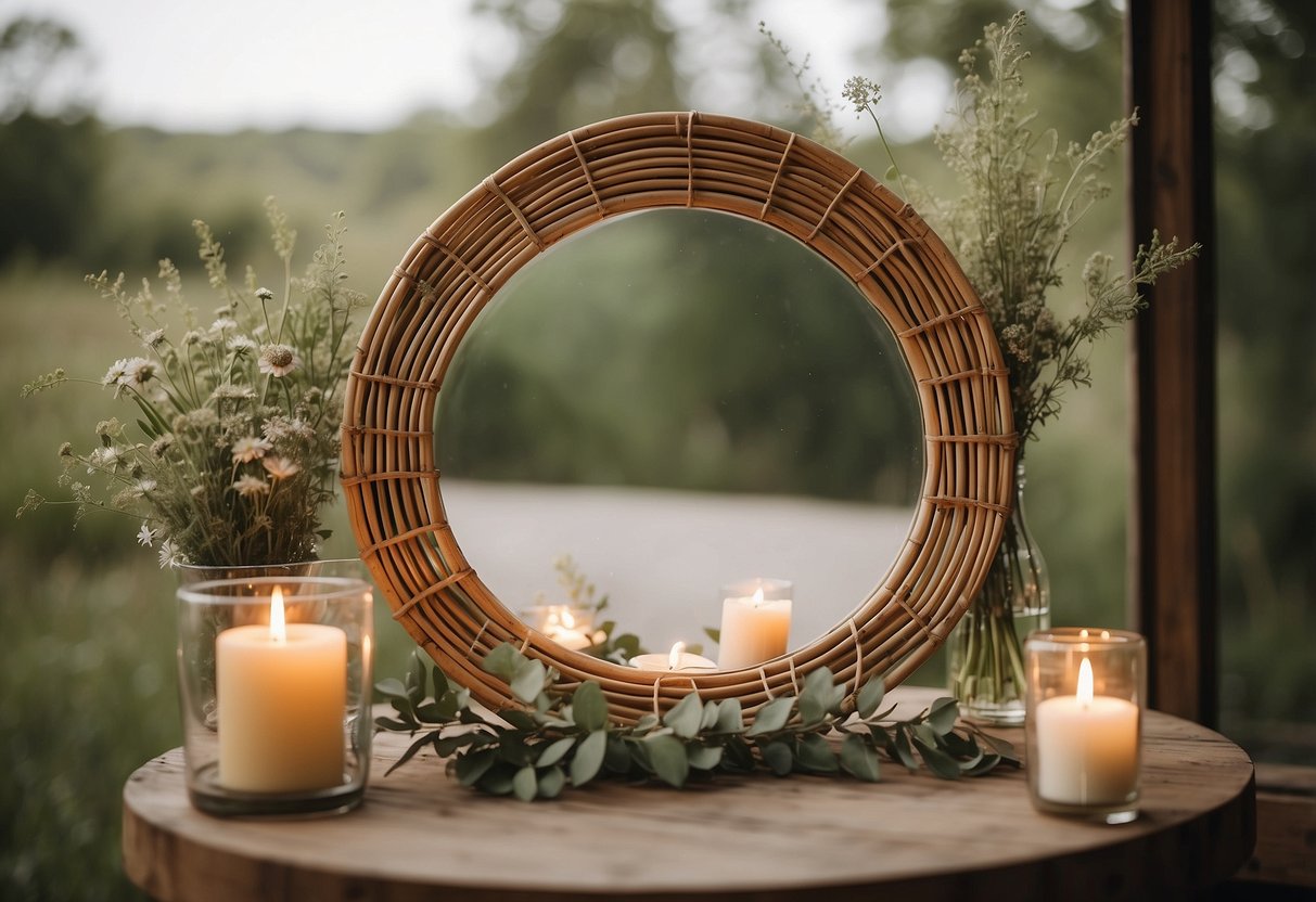 A boho chic rattan mirror hangs above a rustic wooden table adorned with wildflowers and candles, creating a romantic wedding ambiance