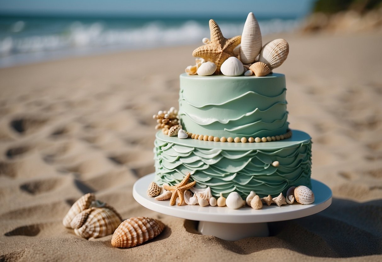 A tiered sage green beach-themed cake with seashells, starfish, and waves