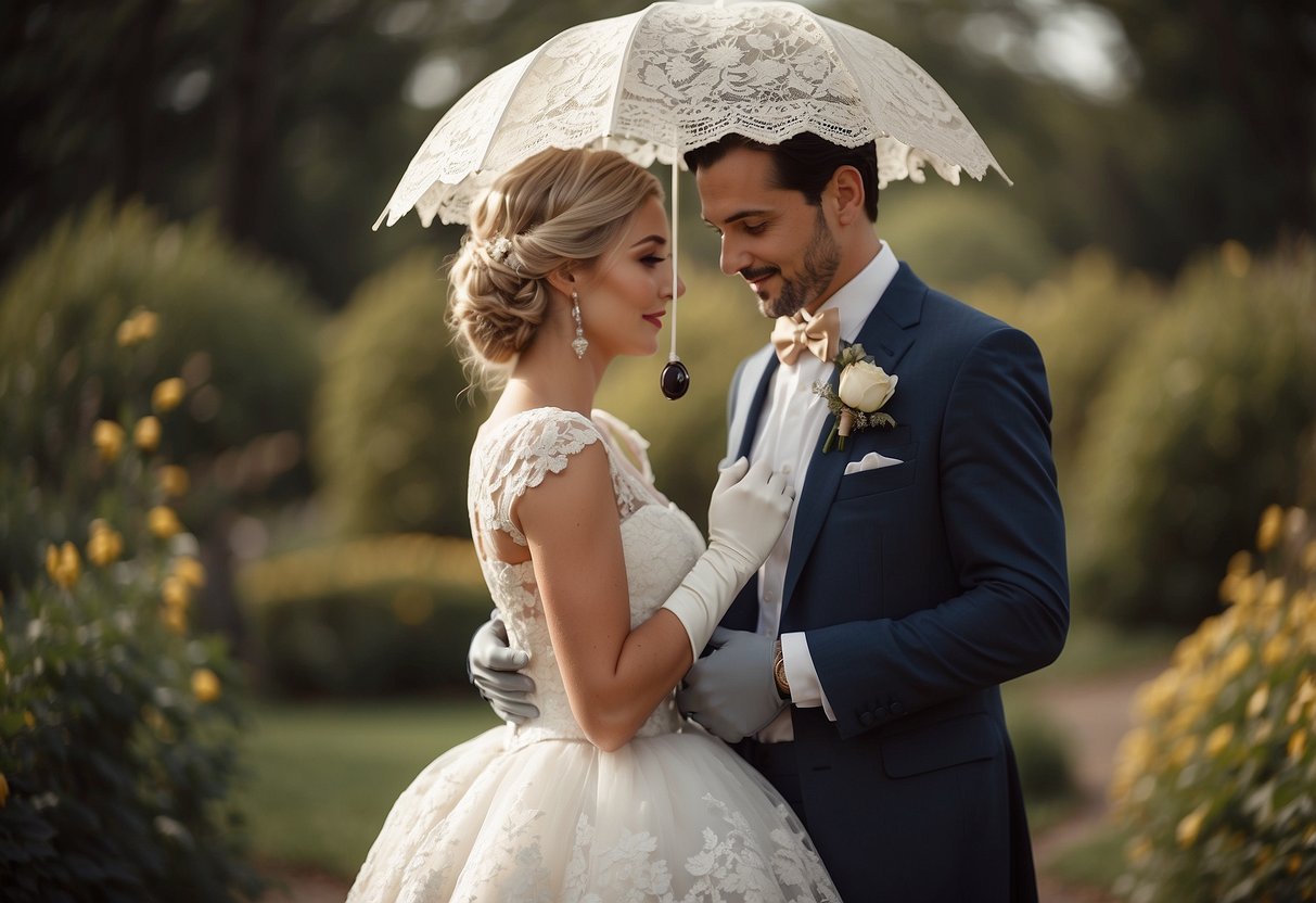 A bride in a lace, tea-length dress with a birdcage veil, and gloves. A groom in a tailored suit with a bow tie and suspenders. Vintage accessories like a pocket watch and a parasol