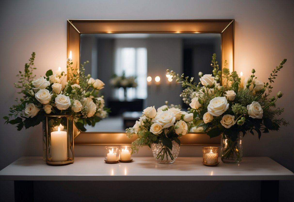 A modern geometric wall mirror reflects a wedding scene, surrounded by elegant floral arrangements and soft candlelight