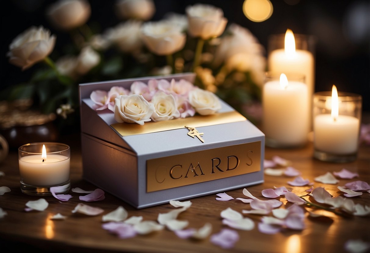 A decorative wedding card box sits on a table surrounded by flower petals and candles, with a sign reading "Cards" on the front