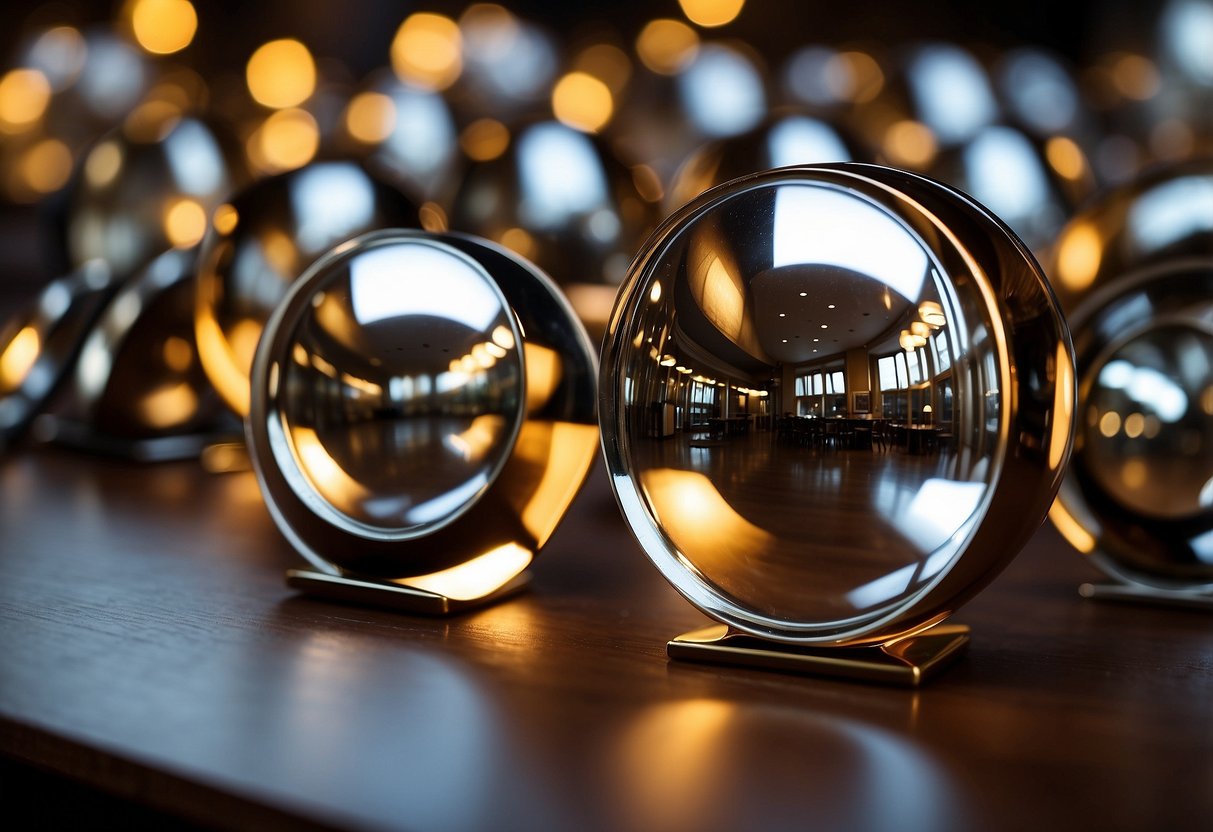 A variety of mirror shapes displayed on a table, reflecting different angles of light and creating interesting patterns