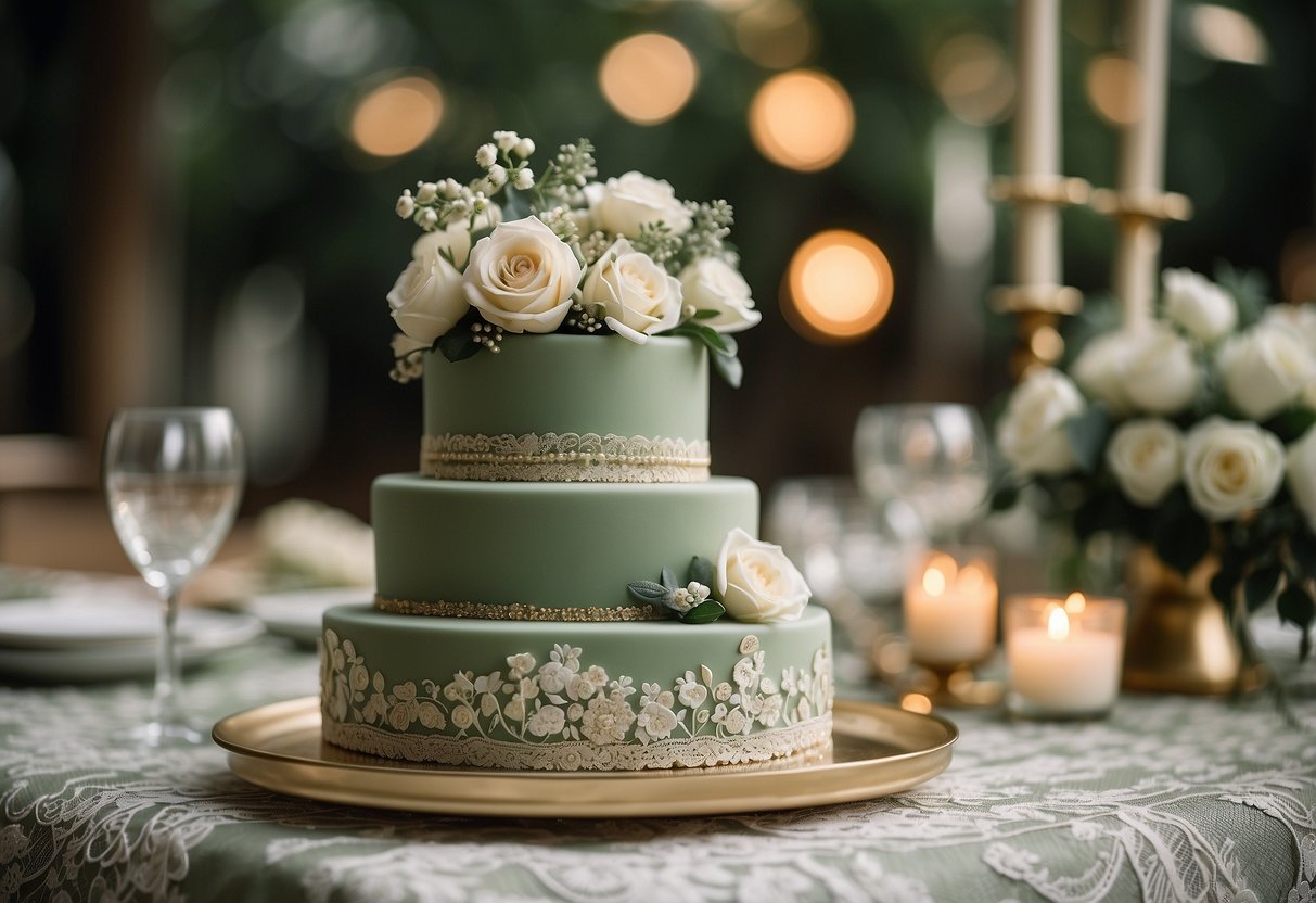 A tiered sage green wedding cake adorned with delicate white flowers and gold accents sits on a vintage lace tablecloth