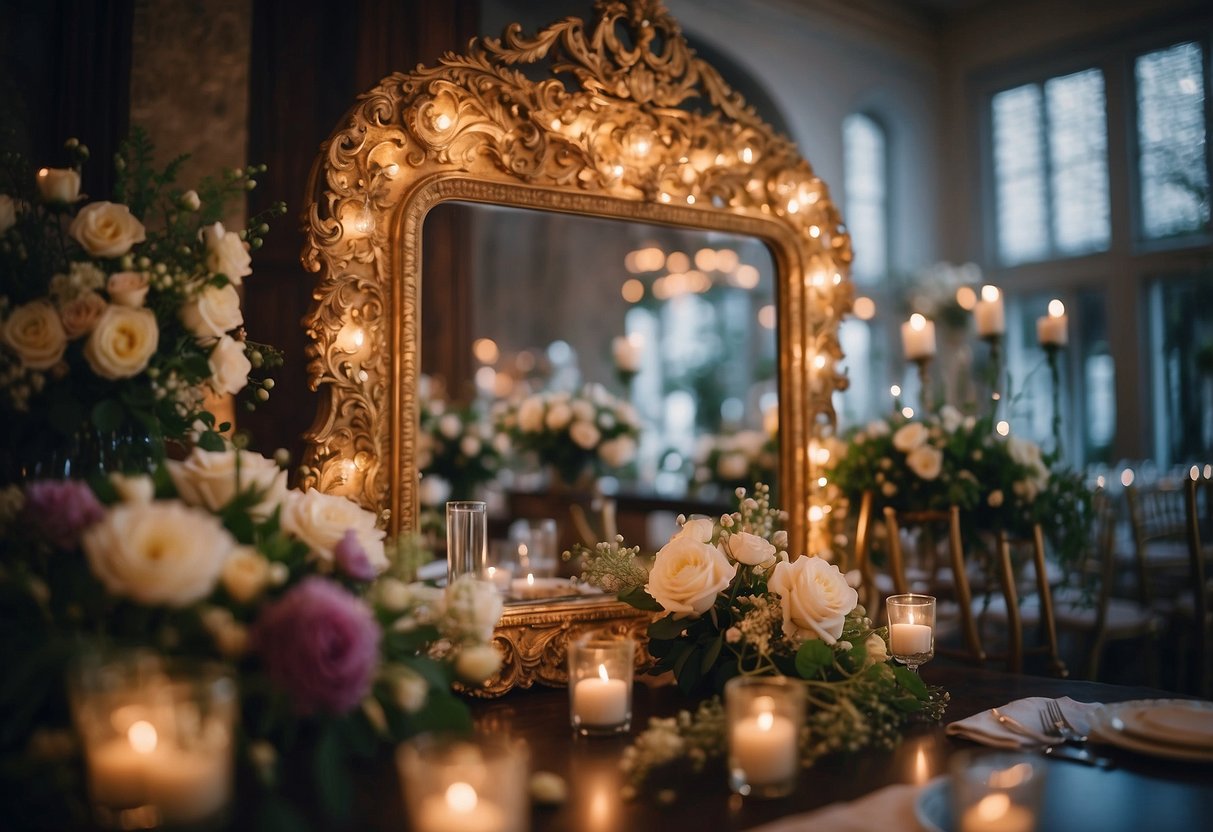 A large ornate mirror hangs above a fireplace, reflecting the elegant decor of a wedding reception. It is surrounded by twinkling fairy lights and floral arrangements, adding a touch of romance to the setting