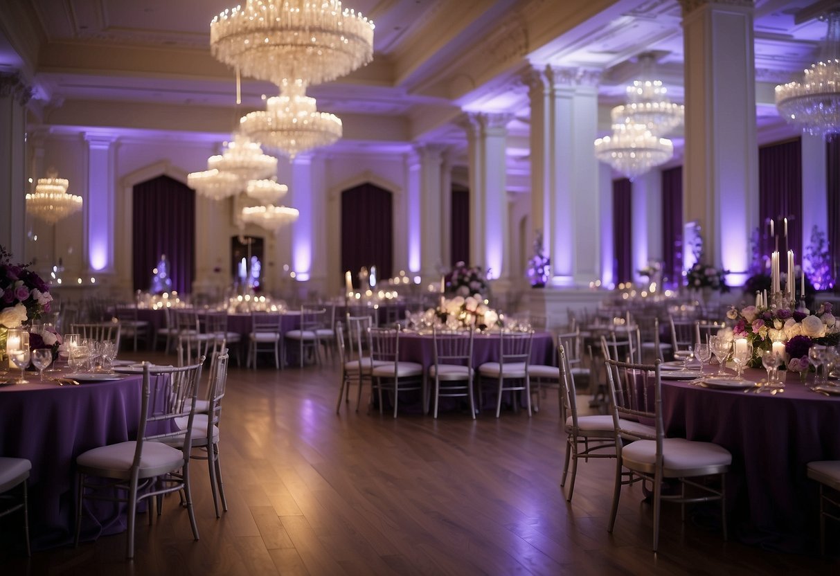 A grand ballroom adorned in regal purple and shimmering silver decor, with elegant floral arrangements and sparkling candlelight