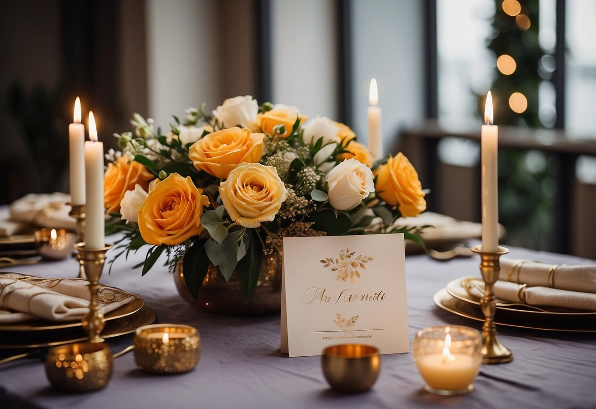 A table adorned with personalized robes, jewelry, and candles. A bouquet of flowers and a handwritten note sit next to the gifts