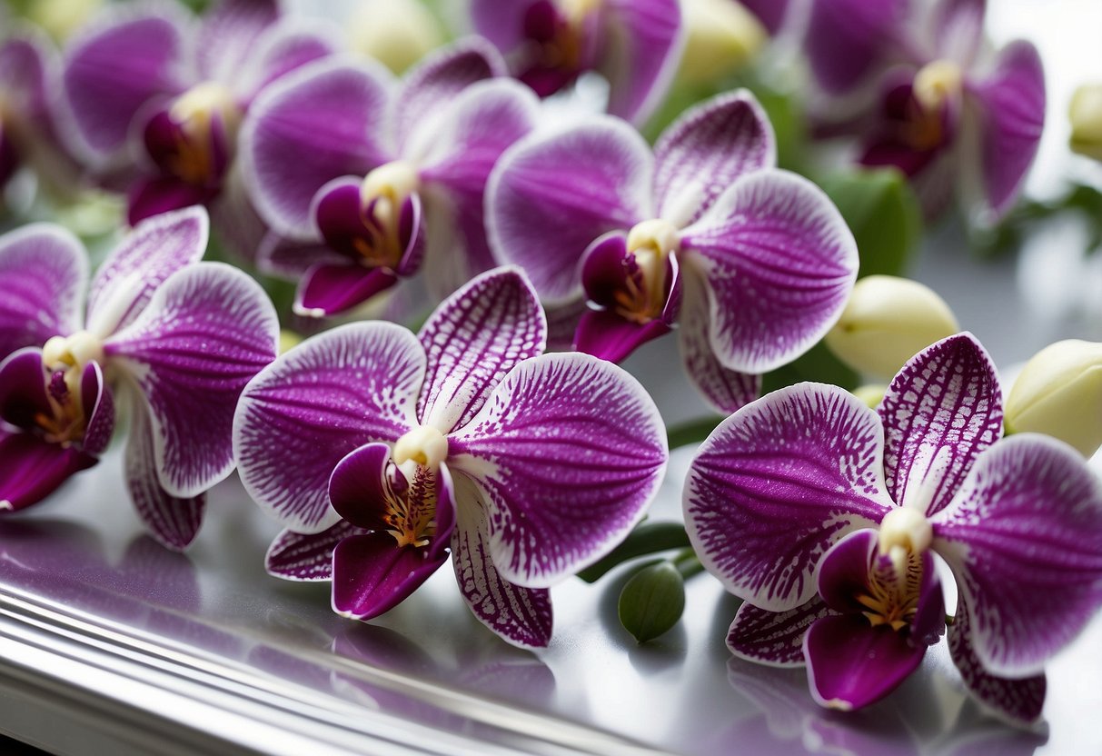 Purple orchid boutonnieres arranged on a silver table with purple accents