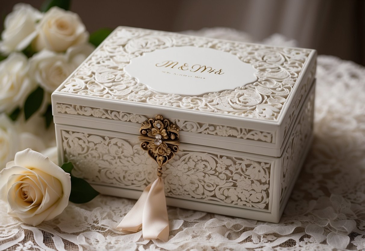 A white, ornate keepsake box sits atop a lace-covered table, adorned with delicate floral patterns and the words "Mr. and Mrs." in elegant script