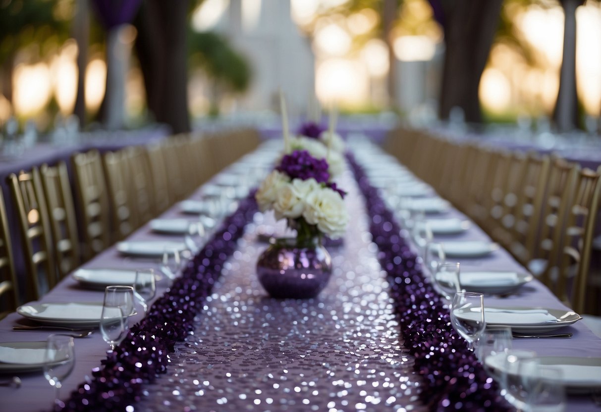 A long table adorned with shimmering silver sequin runners, accented with elegant purple and silver decorations for a wedding celebration