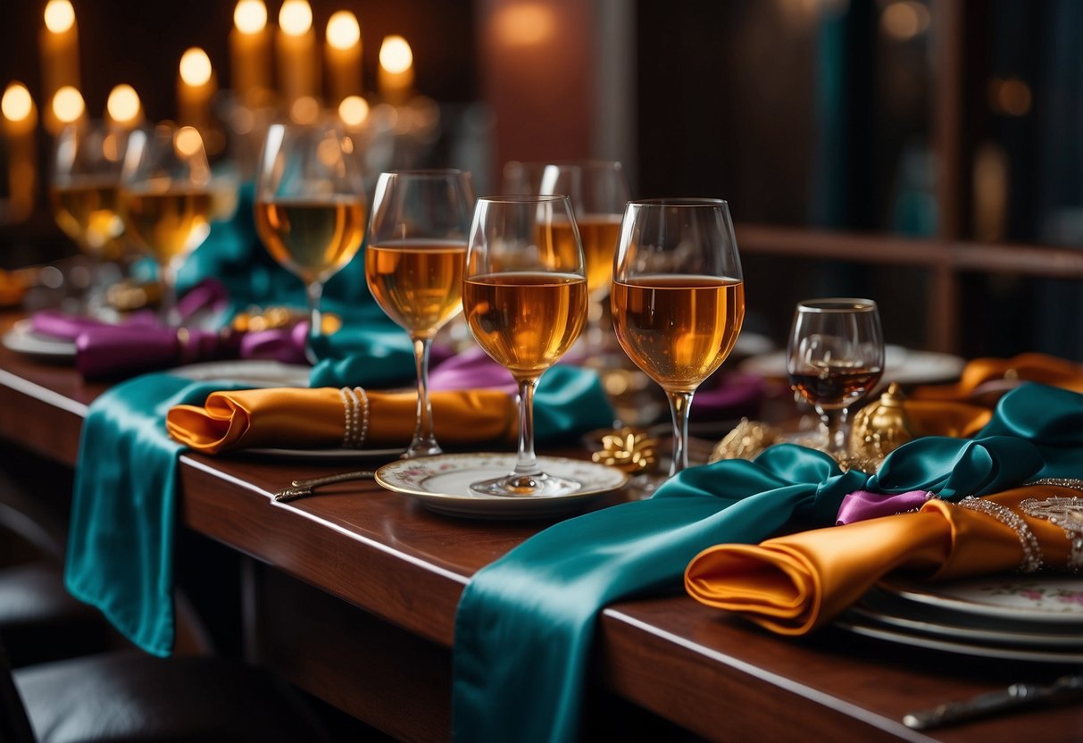 A table set with silk robes in various colors and sizes, adorned with delicate ribbons and personalized tags