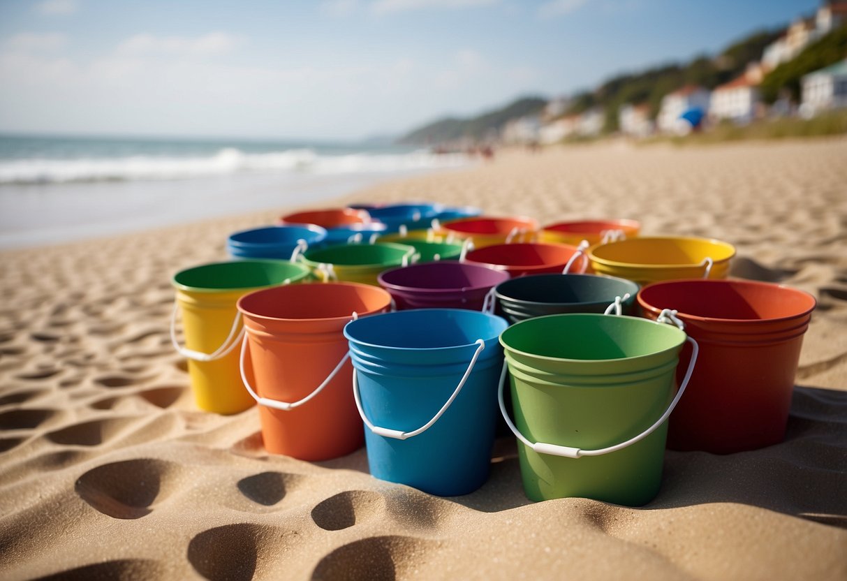 A sandy beach with colorful sand buckets arranged as wedding card boxes. Waves gently crashing in the background