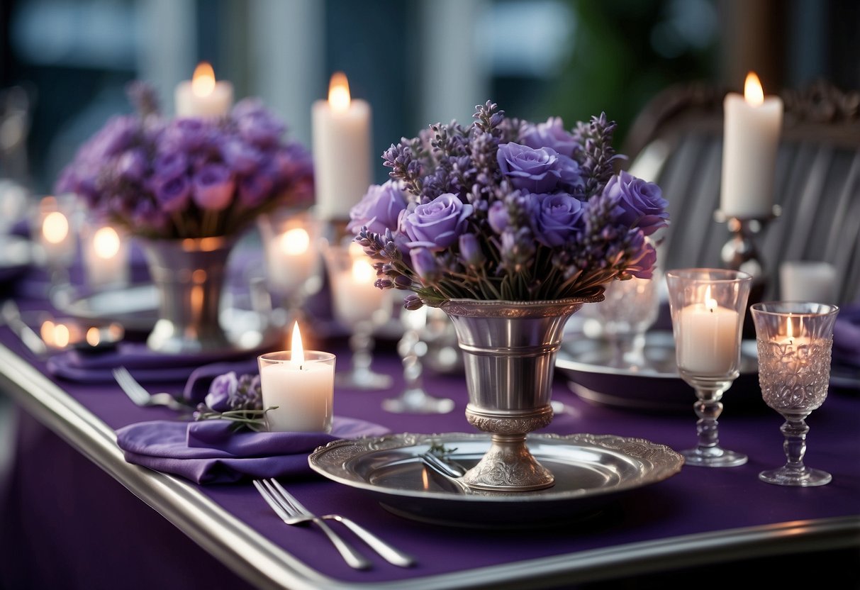 A table adorned with lavender-scented candles in silver holders, surrounded by purple floral arrangements