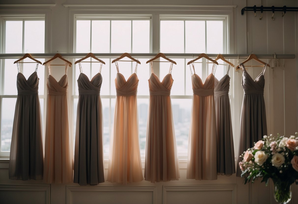 A group of bridesmaid dresses hanging on personalized hangers, surrounded by bouquets and accessories