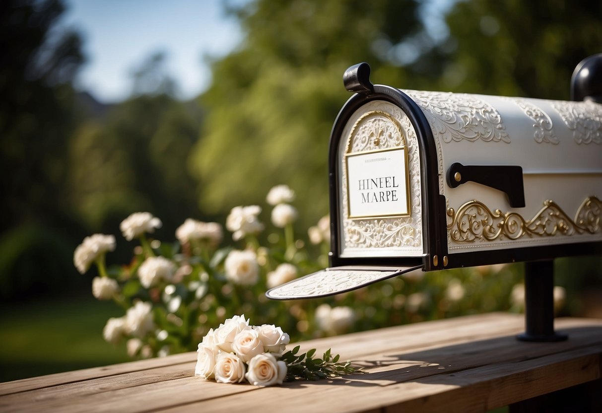 An antique mailbox sits atop a wooden table, adorned with delicate lace and flowers. A slot in the mailbox invites guests to deposit their wedding cards