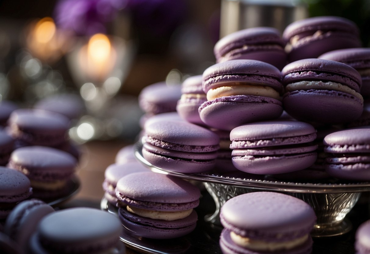 A towering display of purple macarons with silver accents for a wedding dessert table