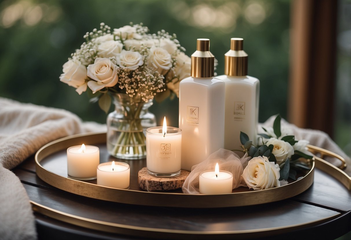 A luxurious spa gift set displayed on a decorative tray, surrounded by delicate flowers and candles, with a "bridesmaid gift ideas for wedding day" tag attached