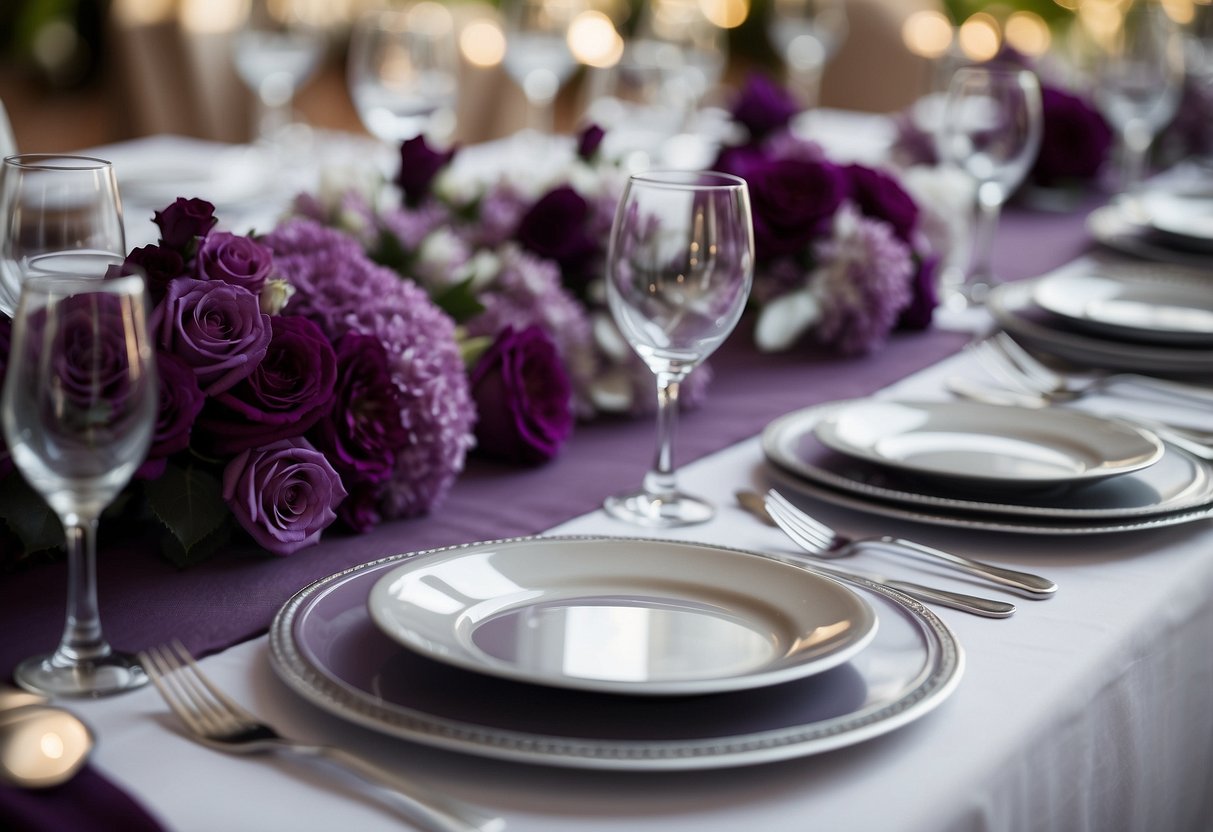 Silver charger plates arranged with purple and silver wedding decor, set on a white tablecloth with elegant floral centerpieces