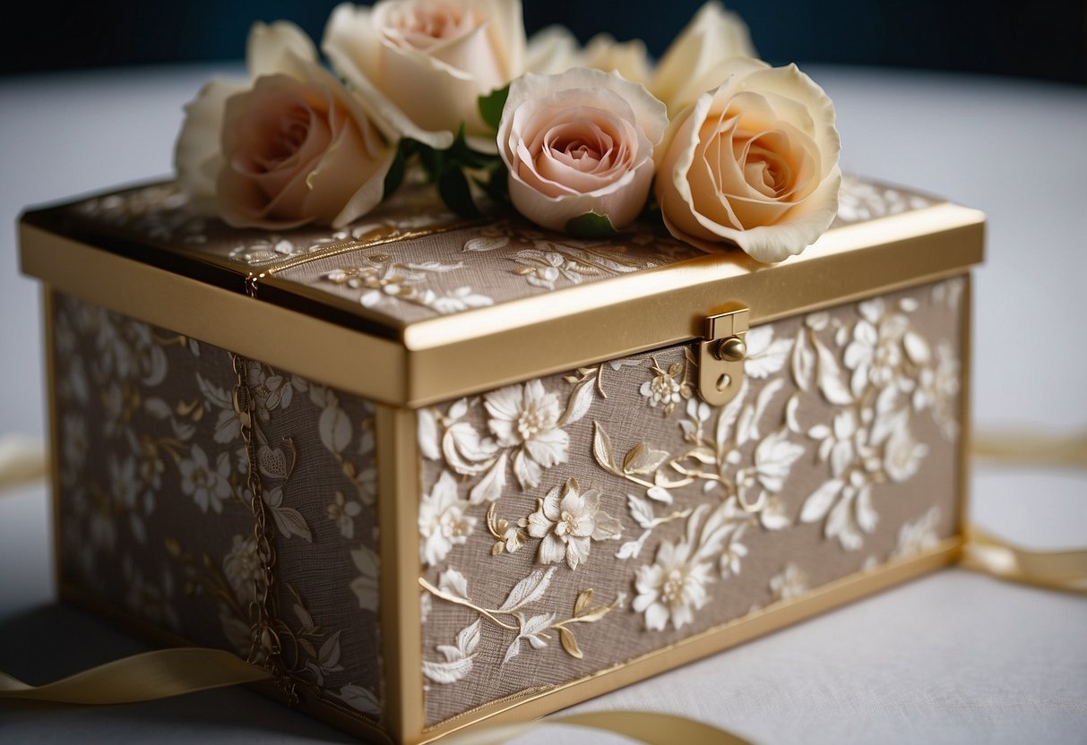 A floral fabric-covered box sits on a table, adorned with ribbons and lace, ready to hold wedding cards